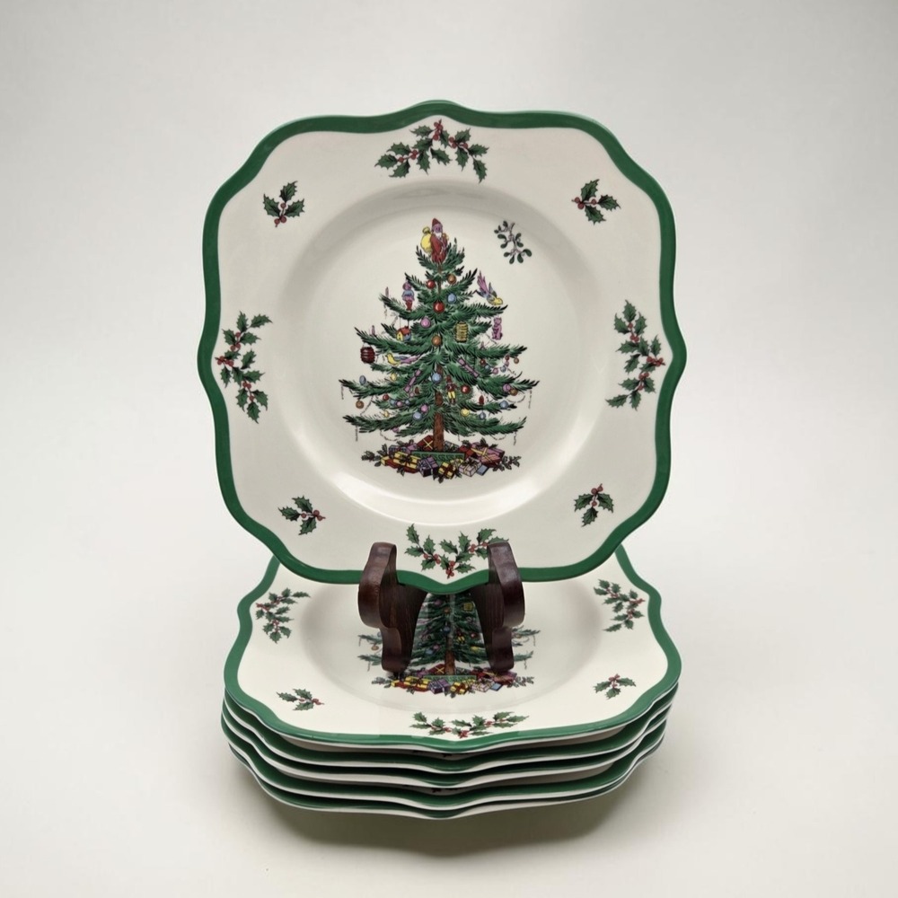 Set‎ Of 6 Spode Christmas Tree Square Scalloped Salad Or Appetizer Plates